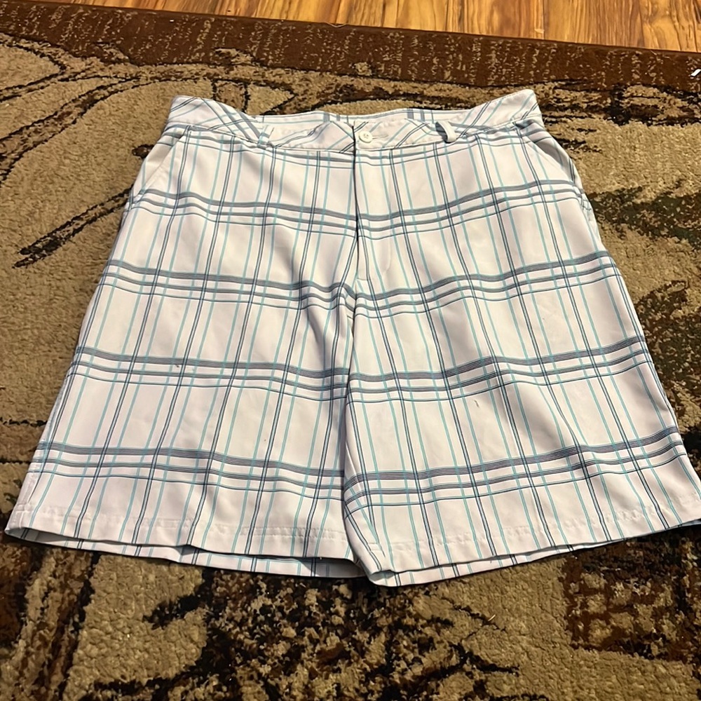 Plaid blue and white swim shorts